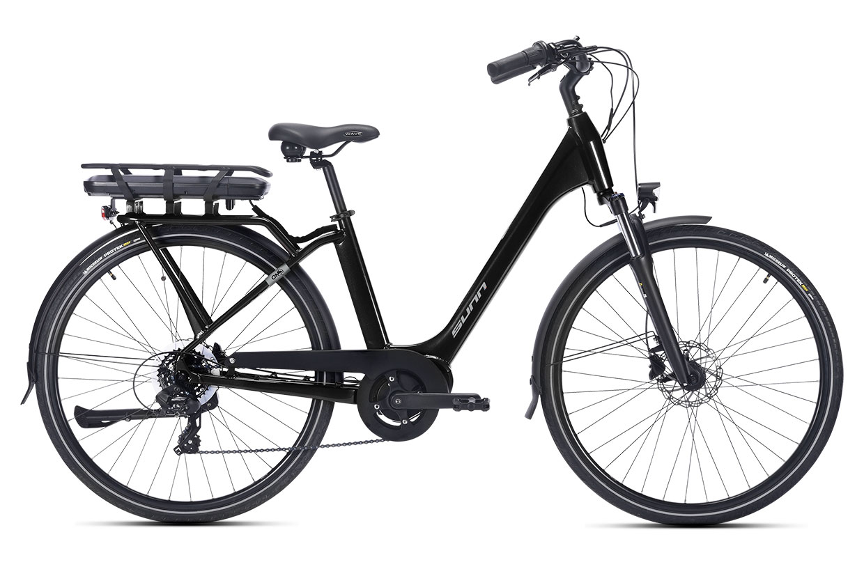 Vélo urbain éléec Sunn ON couleur noir vue de côté