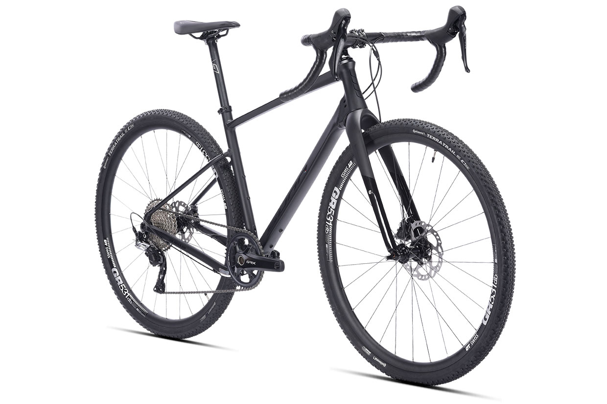 Vélo gravel noir vu de profil avant
